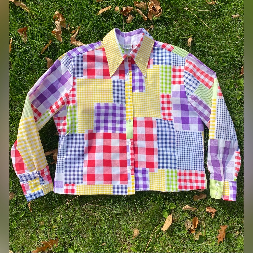 Vintage 1960s 1970s PATCHWORK SHIRT Pointy Collar ‘38’ Women’s Button Front L XL